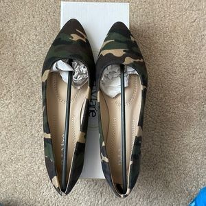 BRAND NEW, NEVER WORN, IN BOX, “BELLA MARIE” FLAT CAMO COLORED SLIP ON SHOES